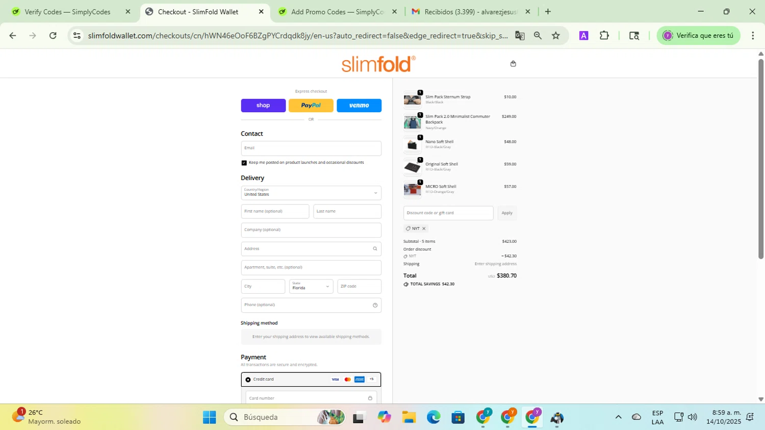 SlimFold discount code screenshot showing code NYT applied at SlimFold checkout page. Uploaded by SimplyCodes community member jesusalvarez1 on Oct 14, 2025