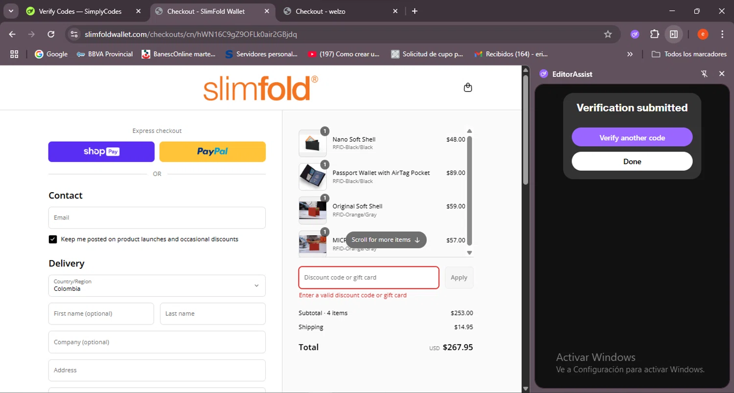 SlimFold discount code screenshot showing code DADFTW applied at SlimFold checkout page. Uploaded by SimplyCodes community member BrilliantSleuth7740 on Jul 27, 2025