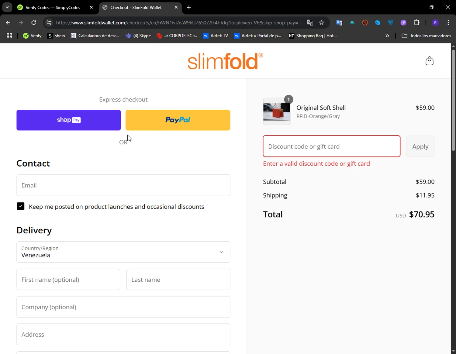 SlimFold discount code screenshot showing code DADFTW applied at SlimFold checkout page. Uploaded by SimplyCodes community member LuckyFinder274 on Jul 27, 2025
