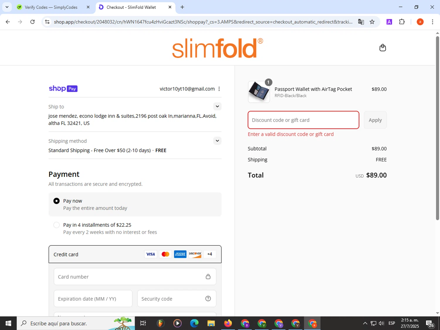 SlimFold discount code screenshot showing code DADFTW applied at SlimFold checkout page. Uploaded by SimplyCodes community member partenalgas on Jul 27, 2025
