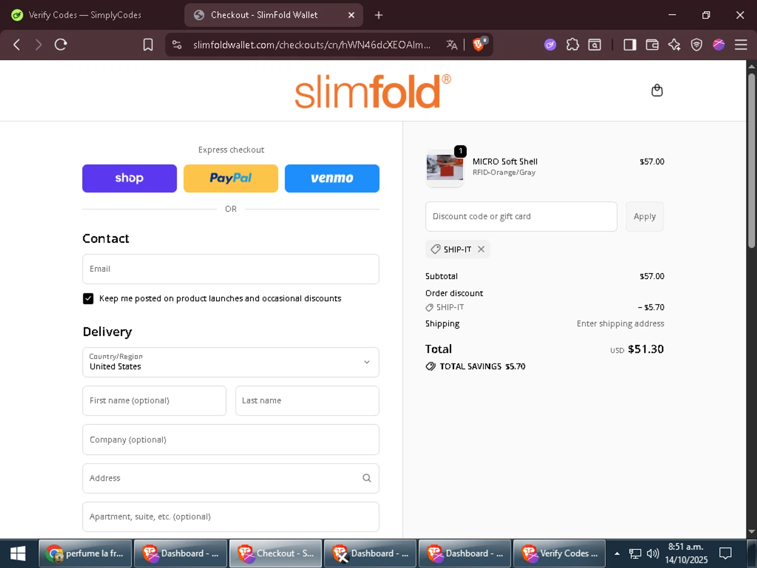 SlimFold discount code screenshot showing code ship-it applied at SlimFold checkout page. Uploaded by SimplyCodes community member zadquiel on Oct 14, 2025