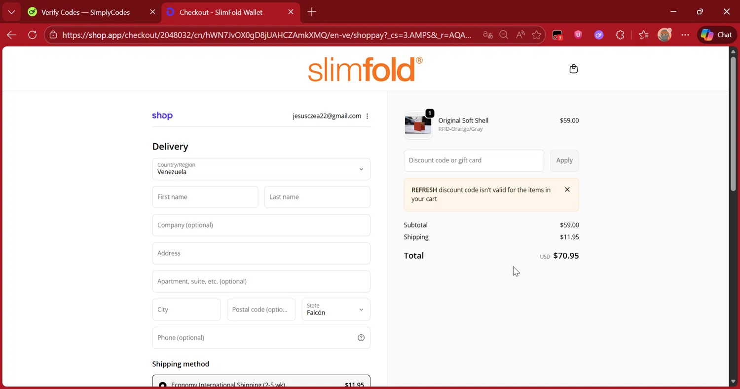 SlimFold discount code screenshot showing code REFRESH applied at SlimFold checkout page. Uploaded by SimplyCodes community member DiscountScout1417 on Jan 7, 2026