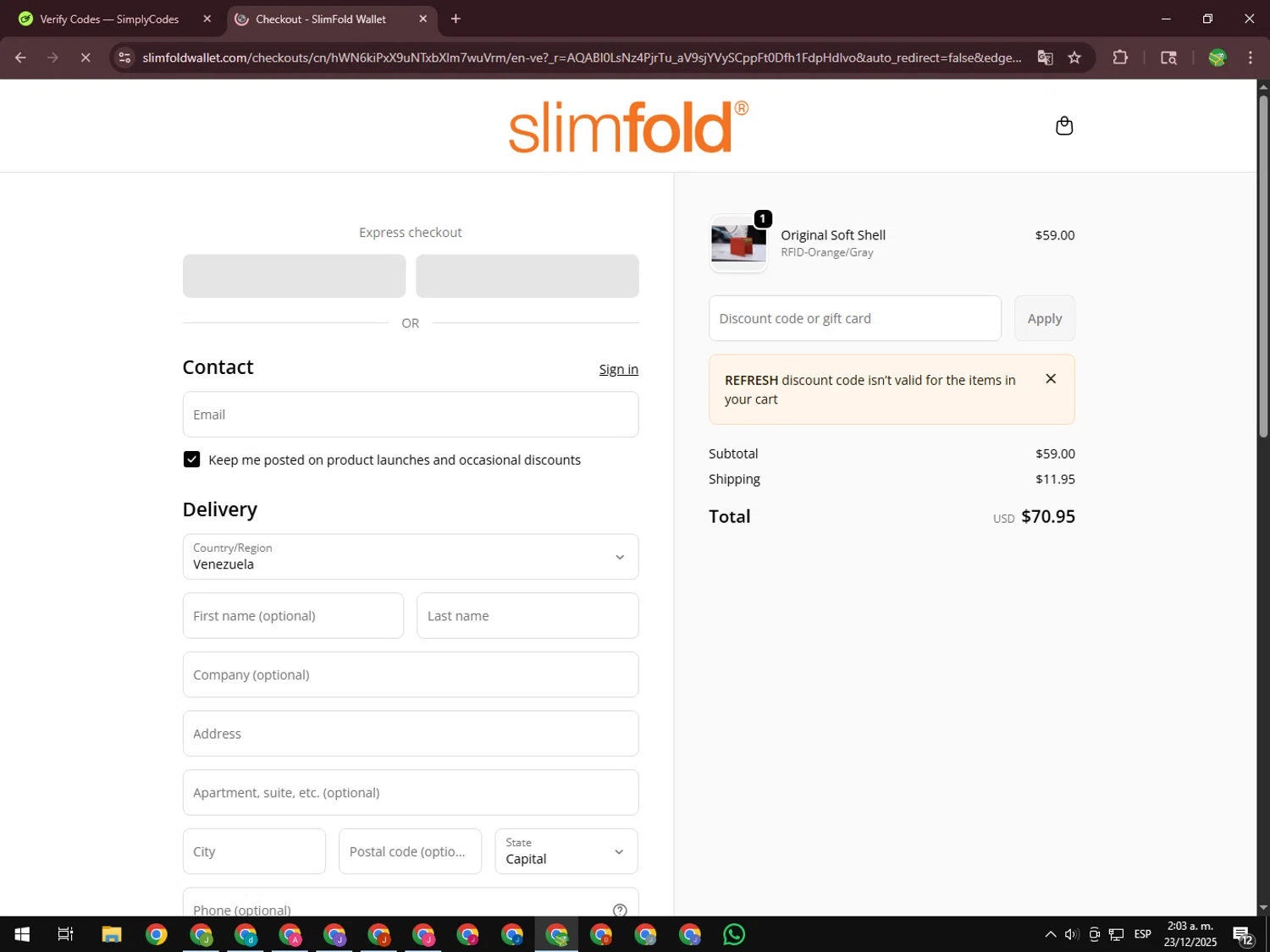 SlimFold discount code screenshot showing code REFRESH applied at SlimFold checkout page. Uploaded by SimplyCodes community member SwiftChaser6655 on Dec 23, 2025