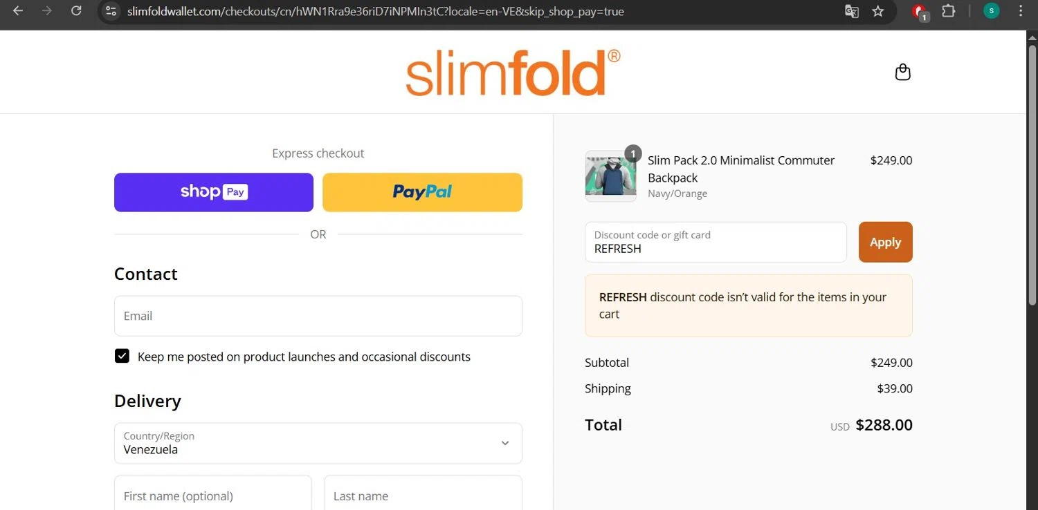 SlimFold discount code screenshot showing code REFRESH applied at SlimFold checkout page. Uploaded by SimplyCodes community member lizimerz on Aug 5, 2025