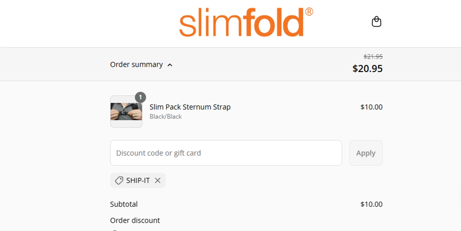 SlimFold discount code screenshot showing code ship-it applied at SlimFold checkout page. Uploaded by SimplyCodes community member ashe1986 on Jul 22, 2025