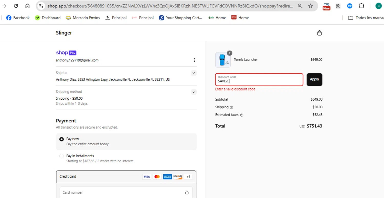 Slinger Bag discount code screenshot showing code SAVE20 applied at Slinger Bag checkout page. Uploaded by SimplyCodes community member anthonydiaz1 on Mar 17, 2025