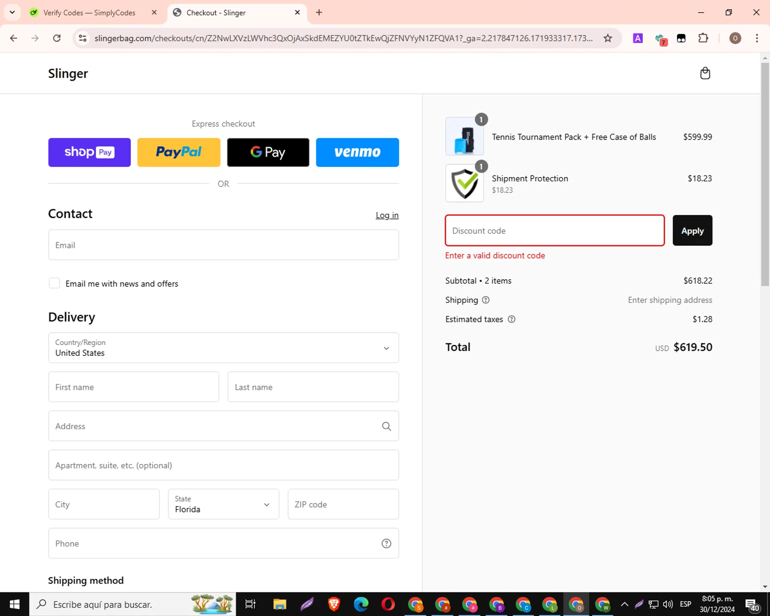 Slinger Bag discount code screenshot showing code SLINGERBOOST22 applied at Slinger Bag checkout page. Uploaded by SimplyCodes community member PromoHero8877 on Dec 31, 2024