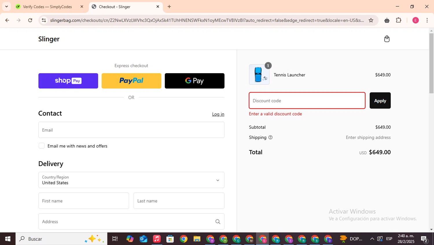 Slinger Bag discount code screenshot showing code Pickleballjourney applied at Slinger Bag checkout page. Uploaded by SimplyCodes community member CouponHero7312 on Feb 28, 2025