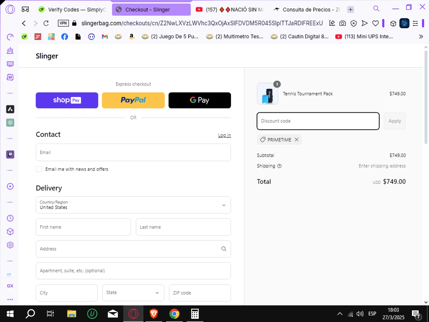 Slinger Bag checkout page showing Slinger Bag discount code box | Screenshot taken by SimplyCodes community member on Mar 27, 2025
