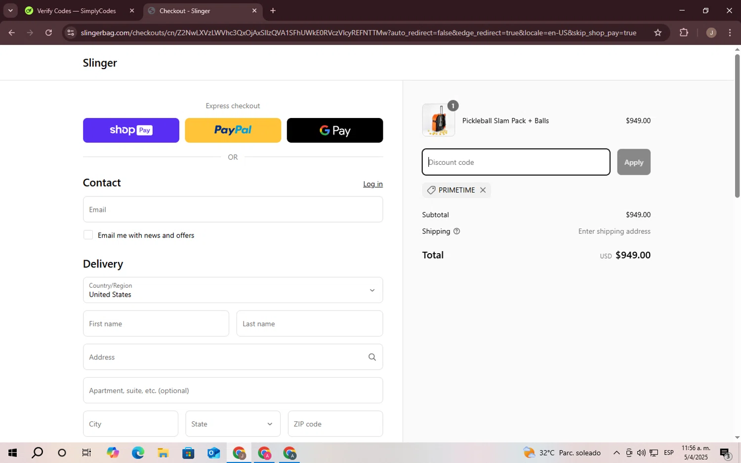 Slinger Bag checkout page showing Slinger Bag discount code box | Screenshot taken by SimplyCodes community member on Apr 5, 2025