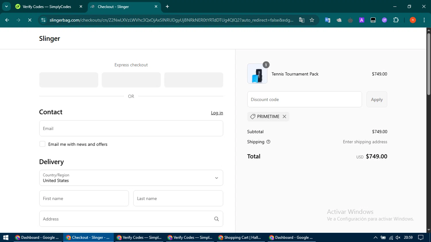 Slinger Bag discount code screenshot showing code PRIMETIME applied at Slinger Bag checkout page. Uploaded by SimplyCodes community member CoinMaven895 on Apr 25, 2025