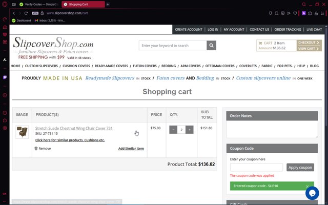 SlipCoverShop checkout page showing SlipCoverShop coupon code box | Screenshot taken by SimplyCodes community member on Jun 25, 2025