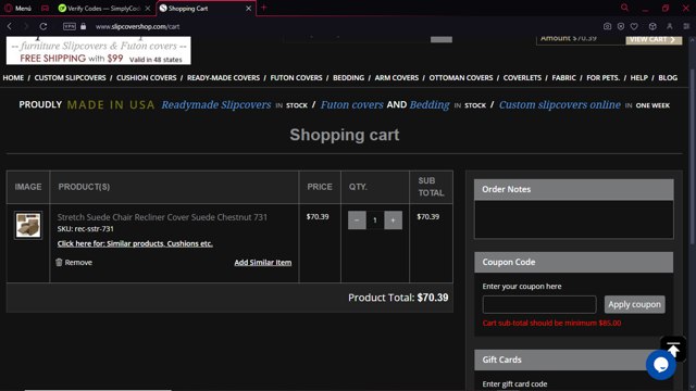 SlipCoverShop checkout page showing SlipCoverShop coupon code box | Screenshot taken by SimplyCodes community member on Dec 7, 2024