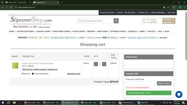 SlipCoverShop checkout page showing SlipCoverShop coupon code box | Screenshot taken by SimplyCodes community member on Mar 13, 2025