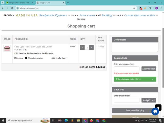 SlipCoverShop checkout page showing SlipCoverShop coupon code box | Screenshot taken by SimplyCodes community member on Jul 1, 2025