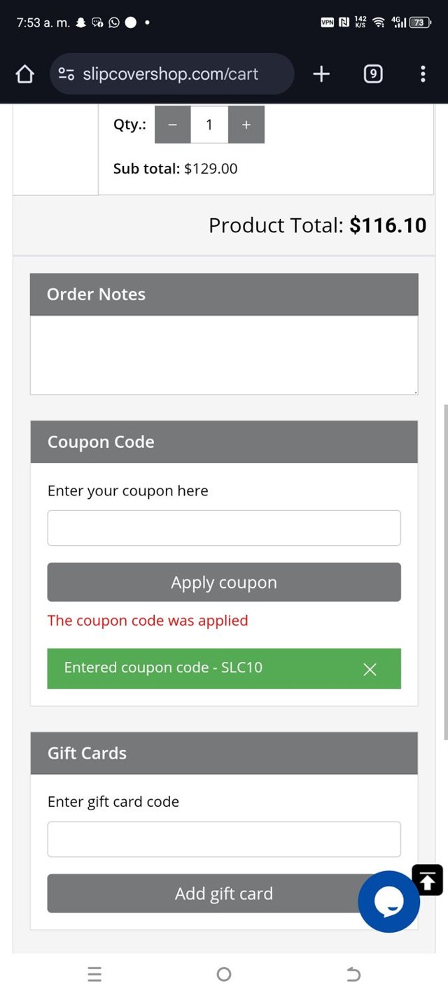 SlipCoverShop checkout page showing SlipCoverShop coupon code box | Screenshot taken by SimplyCodes community member on Jan 14, 2025