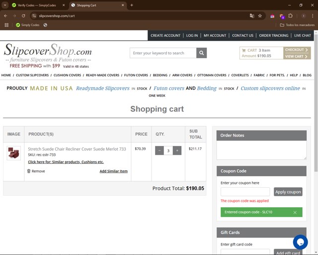 SlipCoverShop checkout page showing SlipCoverShop coupon code box | Screenshot taken by SimplyCodes community member on Nov 17, 2024