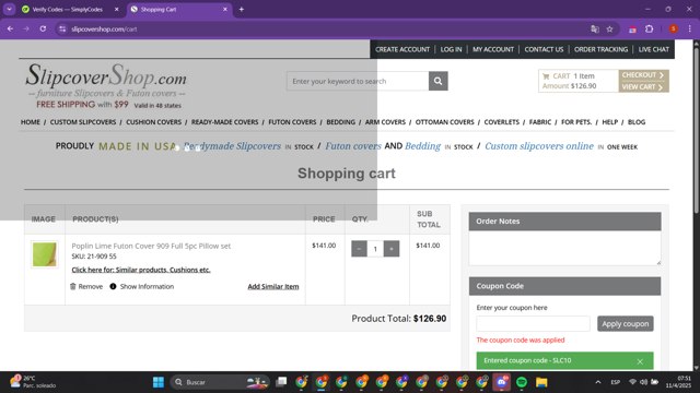 SlipCoverShop checkout page showing SlipCoverShop coupon code box | Screenshot taken by SimplyCodes community member on Apr 11, 2025