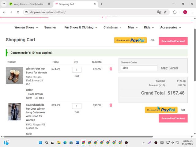 Slippersin checkout page showing Slippersin discount code box | Screenshot taken by SimplyCodes community member on Aug 13, 2025