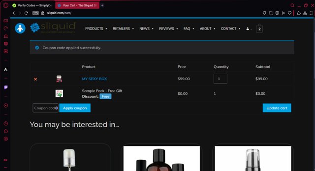 Sliquid checkout page showing Sliquid promo code box | Screenshot taken by SimplyCodes community member on May 30, 2025
