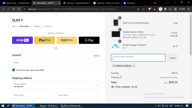 SLNT checkout page showing SLNT discount code box | Screenshot taken by SimplyCodes community member on Mar 3, 2024