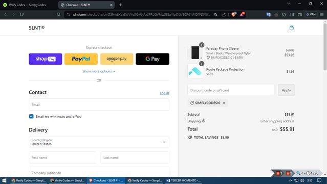 SLNT checkout page showing SLNT discount code box | Screenshot taken by SimplyCodes community member on Apr 4, 2024