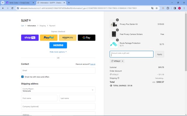SLNT checkout page showing SLNT discount code box | Screenshot taken by SimplyCodes community member on Jan 25, 2024