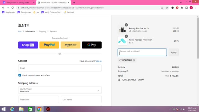 SLNT checkout page showing SLNT discount code box | Screenshot taken by SimplyCodes community member on Jan 12, 2024