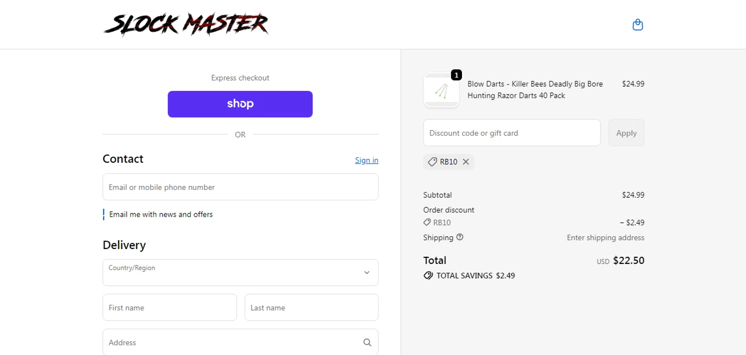 Slock Master promo code screenshot showing code RB10 applied at Slock Master checkout page. Uploaded by SimplyCodes community member HUNTER1406 on Jun 15, 2026