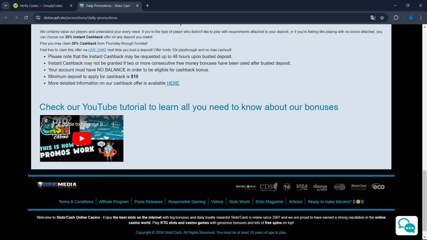 Slotocash Casino checkout page showing Slotocash Casino promo code box | Screenshot taken by SimplyCodes community member on Oct 30, 2024
