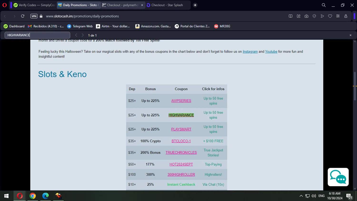 Slotocash Casino checkout page showing Slotocash Casino promo code box | Screenshot taken by SimplyCodes community member on Oct 30, 2024