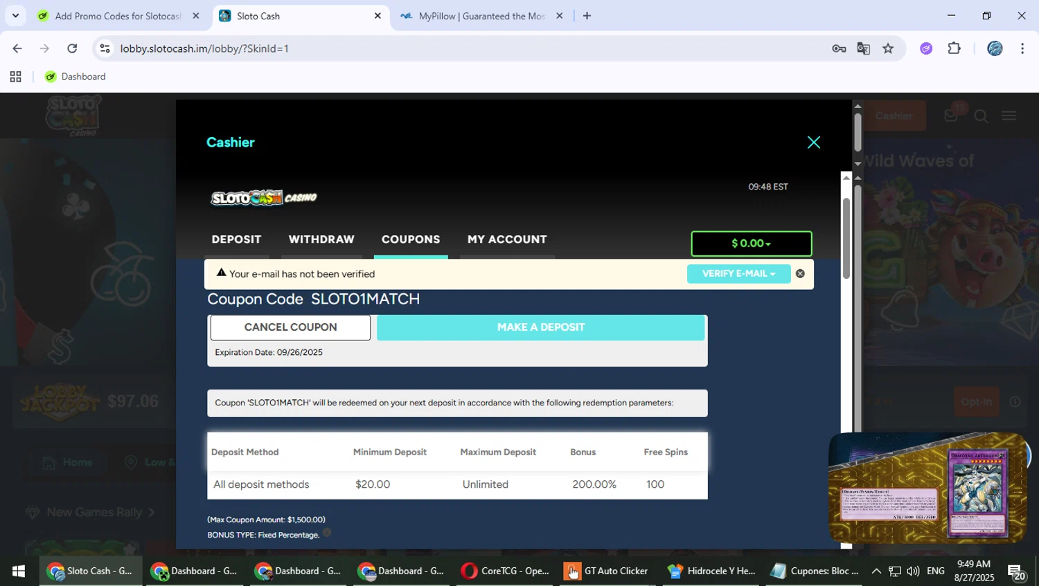 Slotocash Casino promo code screenshot showing code SLOTO1MATCH applied at Slotocash Casino checkout page. Uploaded by SimplyCodes community member Suicune on Aug 27, 2025