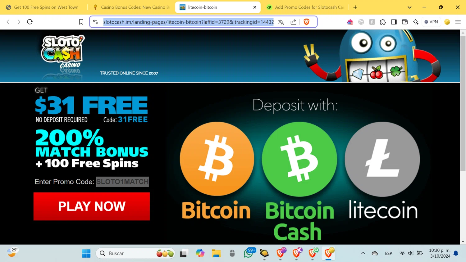 Slotocash Casino promo code screenshot showing code 31FREE applied at Slotocash Casino checkout page. Uploaded by SimplyCodes community member ShrewdMonarch4436 on Oct 4, 2024