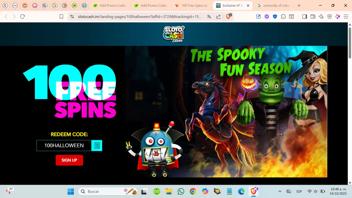 Slotocash Casino promo code screenshot showing code 100HALLOWEEN applied at Slotocash Casino checkout page. Uploaded by SimplyCodes community member cosita on Oct 24, 2025