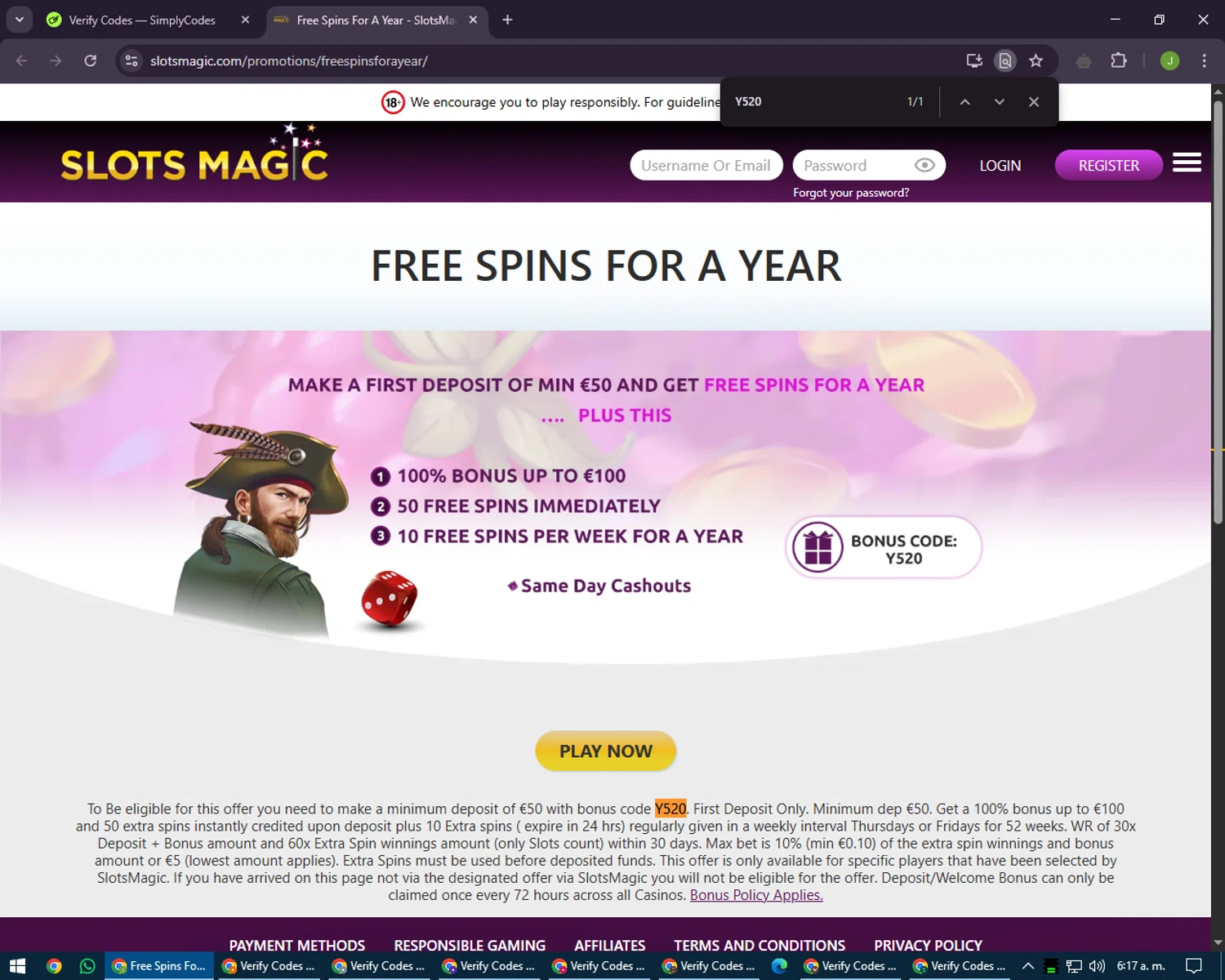 SlotsMagic coupon code screenshot showing code Y520 applied at SlotsMagic checkout page. Uploaded by SimplyCodes community member LilBaby on May 12, 2025