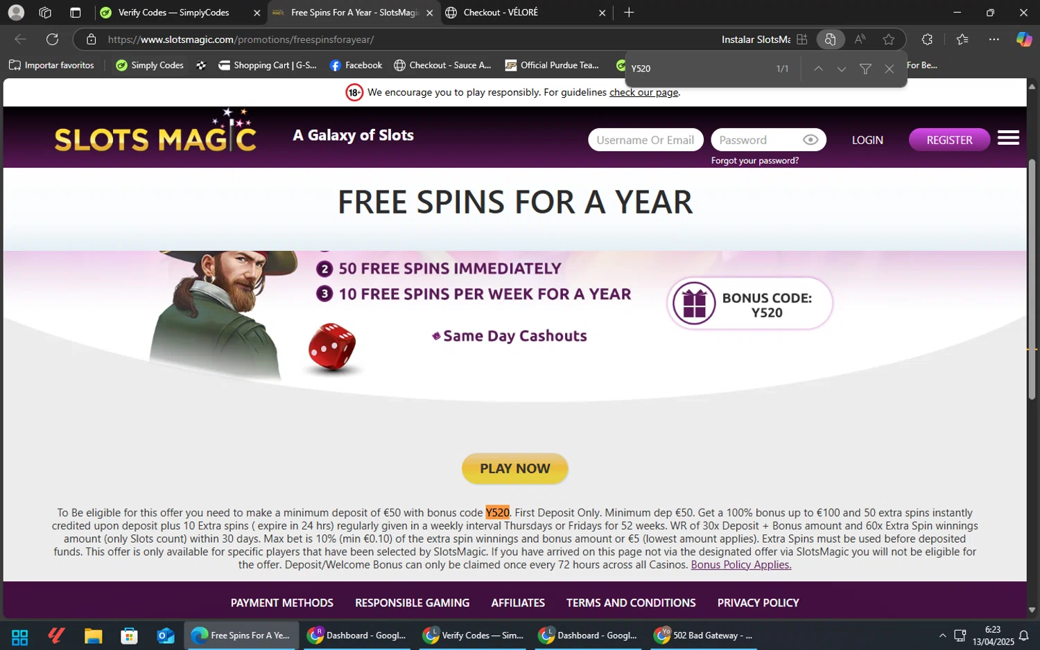SlotsMagic coupon code screenshot showing code Y520 applied at SlotsMagic checkout page. Uploaded by SimplyCodes community member nahhhh on Apr 13, 2025