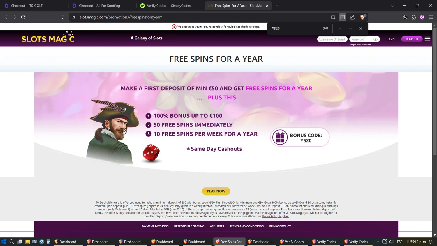 SlotsMagic coupon code screenshot showing code YS20 applied at SlotsMagic checkout page. Uploaded by SimplyCodes community member Phoenix on Mar 12, 2025
