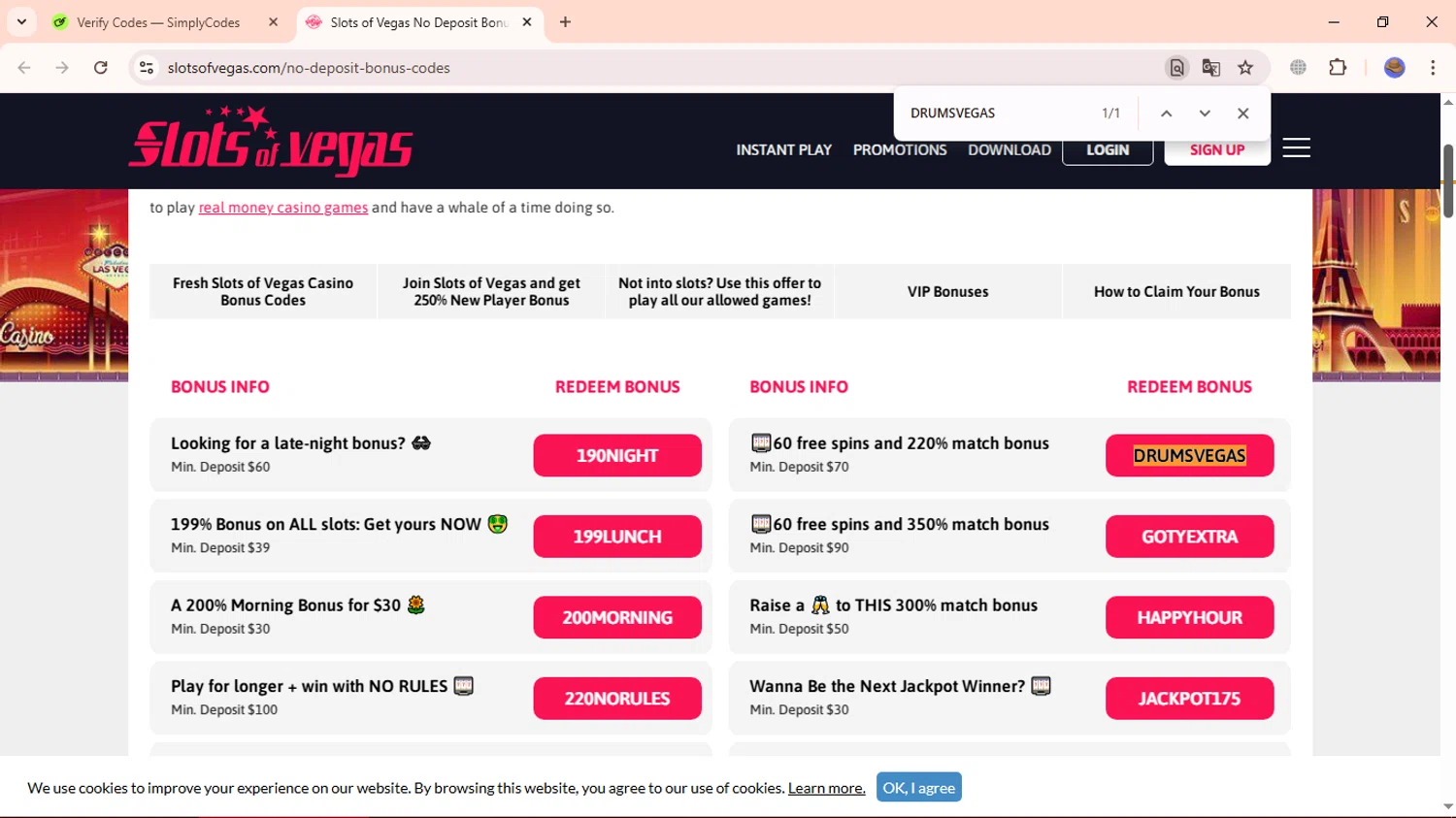Slots of Vegas promo code screenshot showing code DRUMSVEGAS applied at Slots of Vegas checkout page. Uploaded by SimplyCodes community member ExtraordinaryBoss3426 on Mar 14, 2025