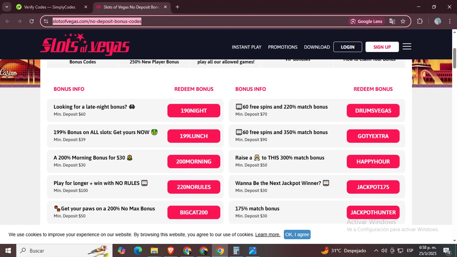 Slots of Vegas promo code screenshot showing code DRUMSVEGAS applied at Slots of Vegas checkout page. Uploaded by SimplyCodes community member LegendaryPro7106 on Mar 25, 2025