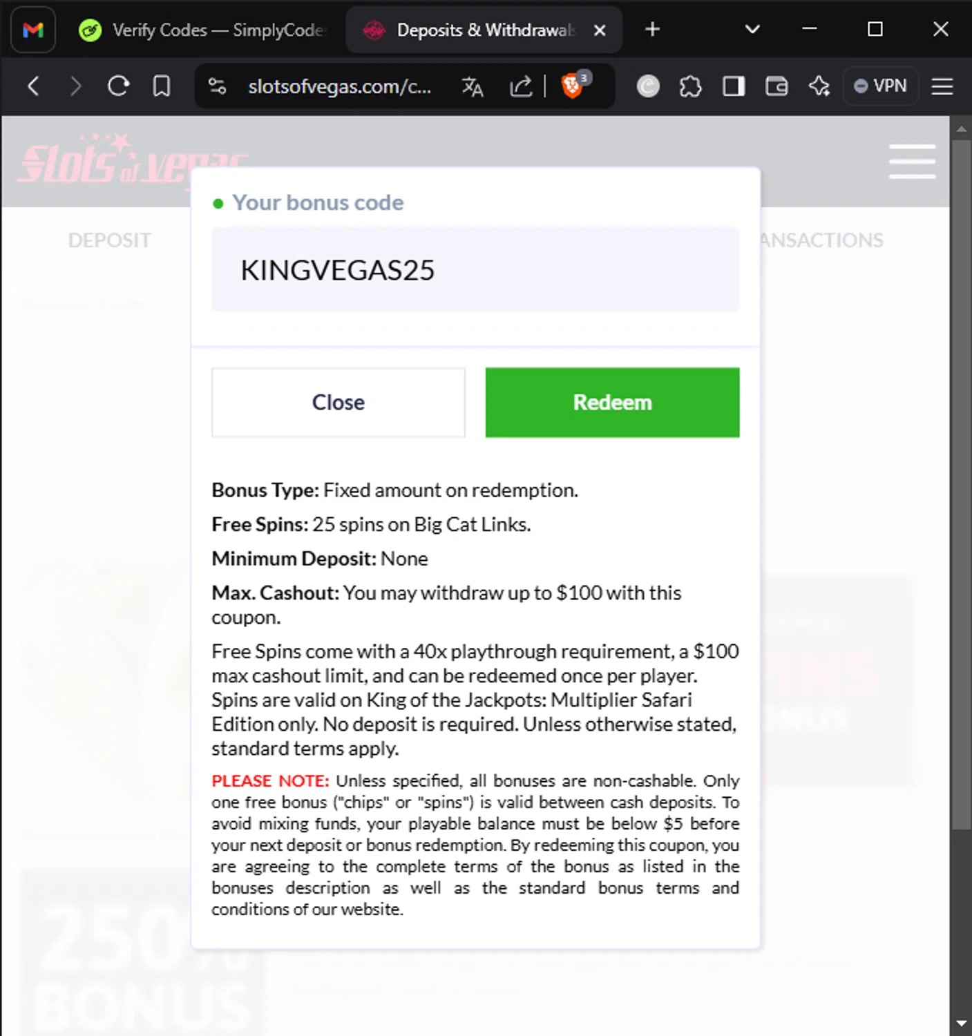 Slots of Vegas promo code screenshot showing code KINGVEGAS25 applied at Slots of Vegas checkout page. Uploaded by SimplyCodes community member Migu_u on Jan 20, 2025