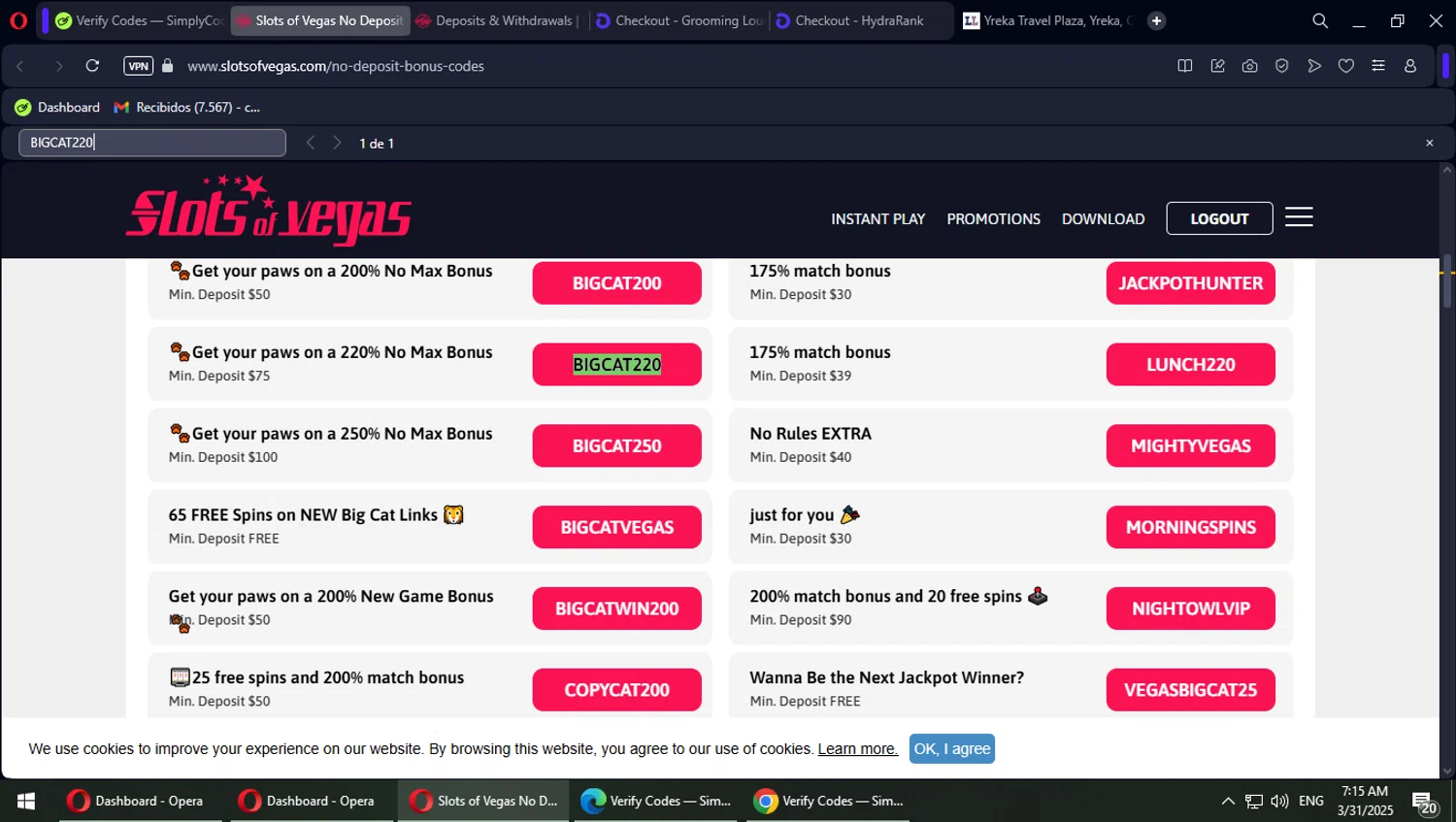 Slots of Vegas checkout page showing Slots of Vegas promo code box | Screenshot taken by SimplyCodes community member on Mar 31, 2025