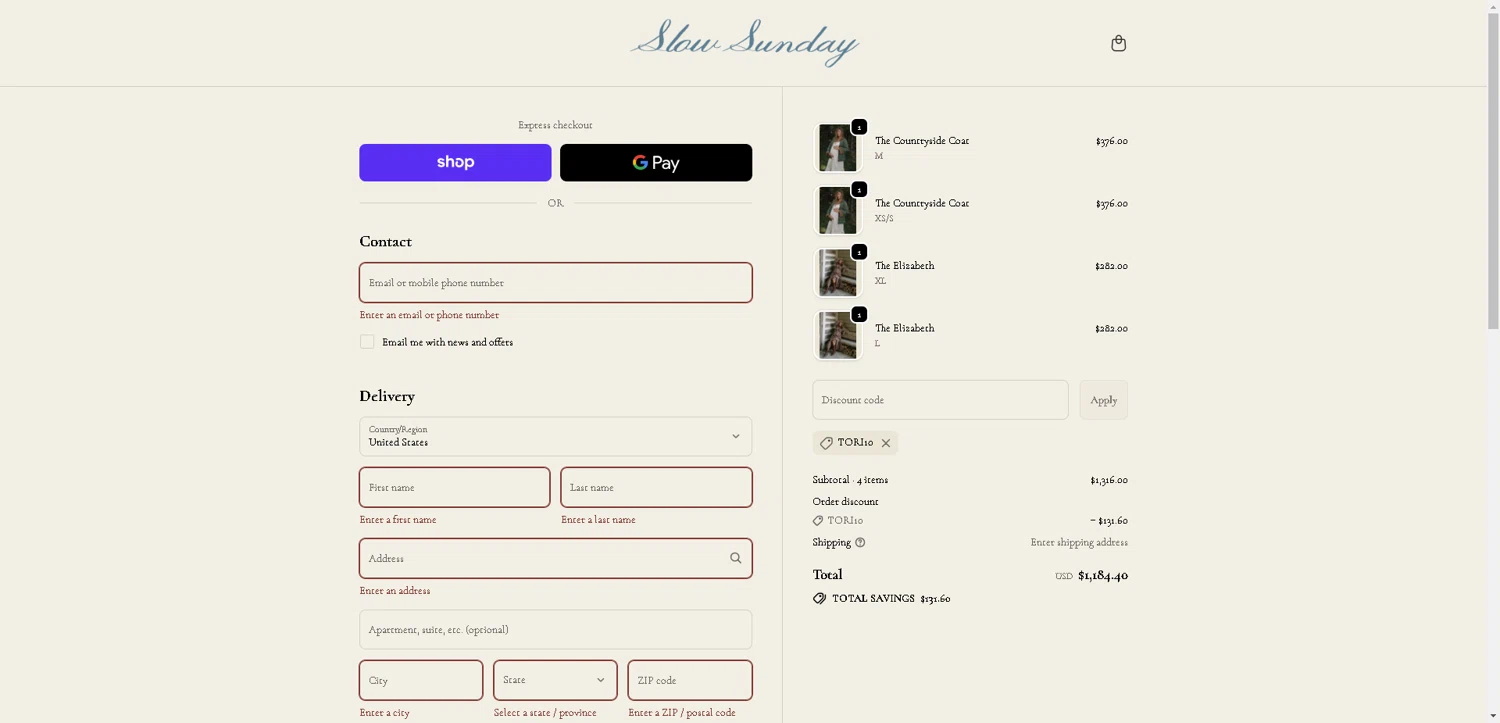 Slow Sunday checkout page showing Slow Sunday promo code box | Screenshot taken by SimplyCodes community member on Nov 5, 2025