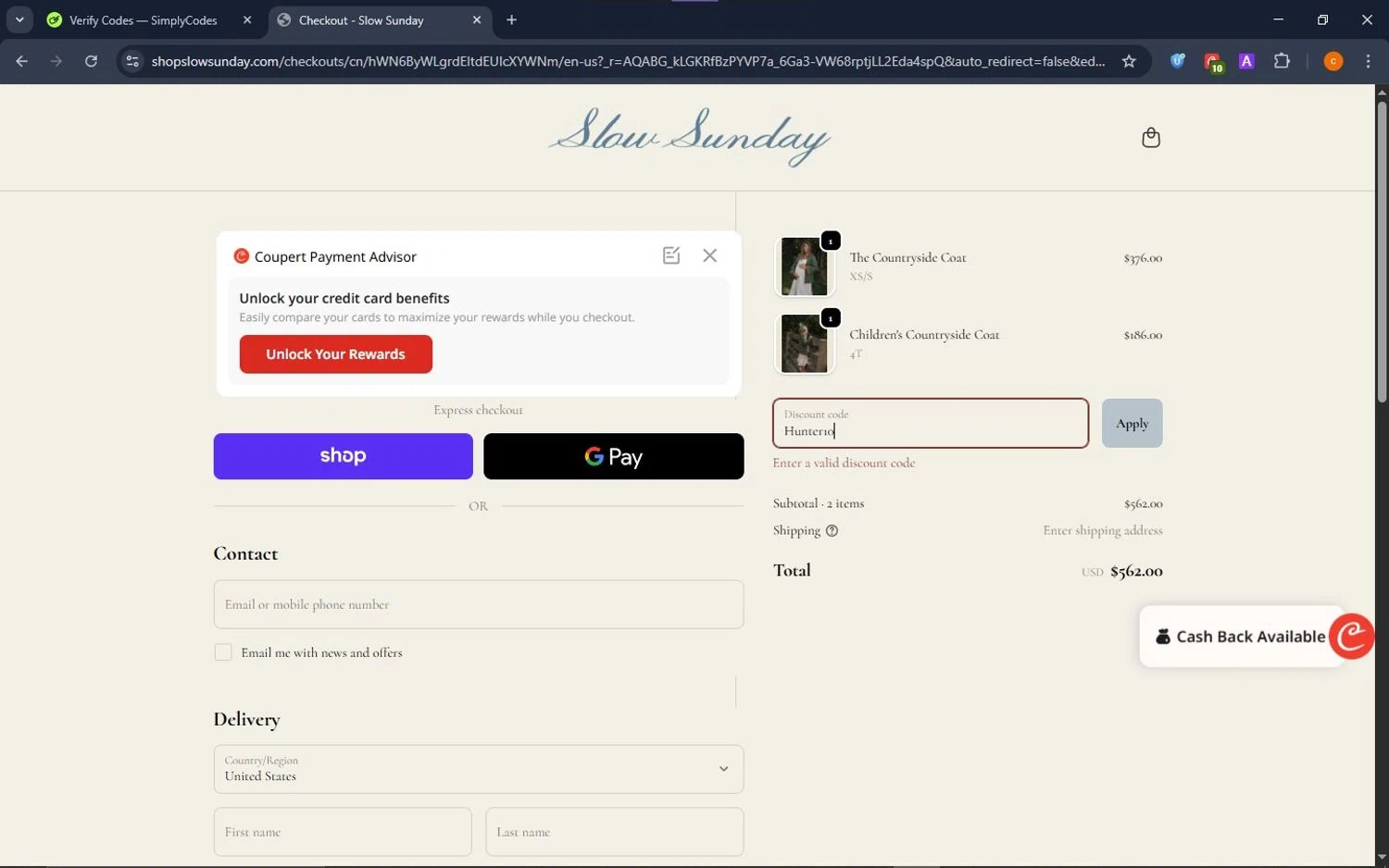 Slow Sunday promo code screenshot showing code Hunter10 applied at Slow Sunday checkout page. Uploaded by SimplyCodes community member ShrewdCaptain9911 on Dec 8, 2025