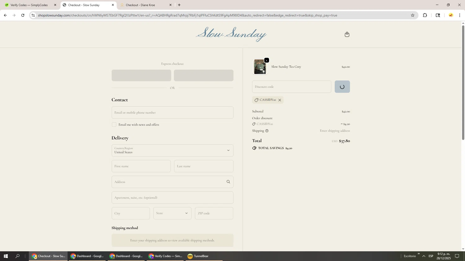 Slow Sunday promo code screenshot showing code CASSIDY10 applied at Slow Sunday checkout page. Uploaded by SimplyCodes community member Richard251 on Dec 29, 2025
