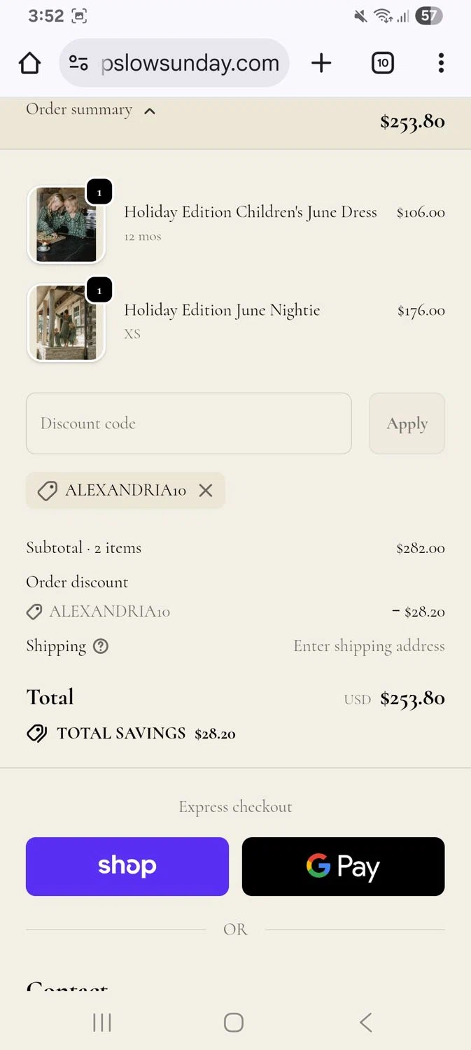 Slow Sunday promo code screenshot showing code Alexandria10 applied at Slow Sunday checkout page. Uploaded by SimplyCodes community member KarinaHZ on Dec 5, 2025