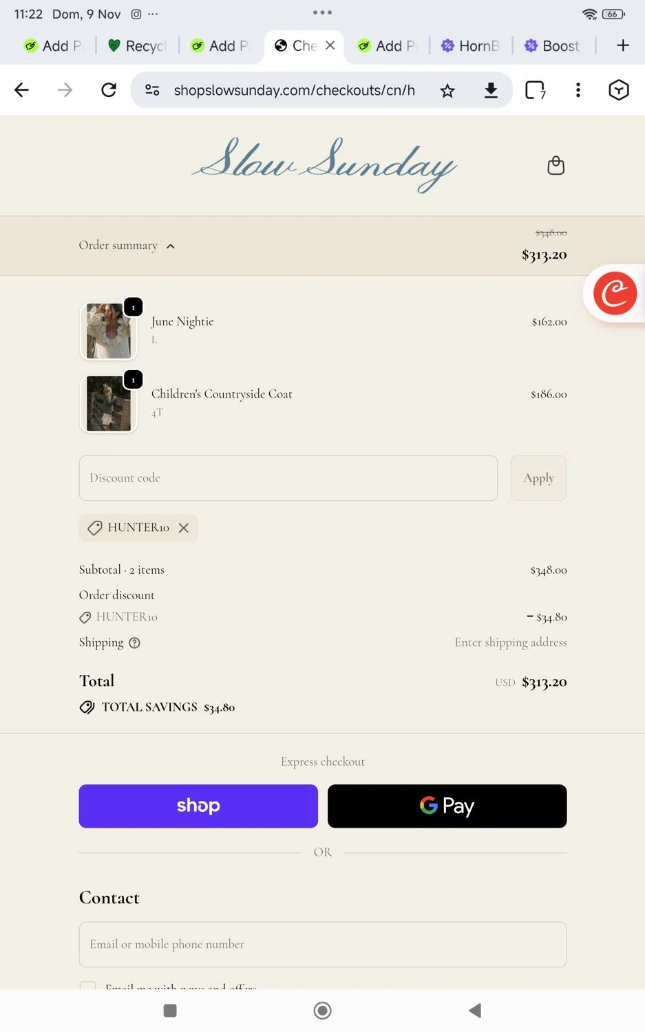 Slow Sunday promo code screenshot showing code Hunter10 applied at Slow Sunday checkout page. Uploaded by SimplyCodes community member KarinaHZ on Nov 9, 2025