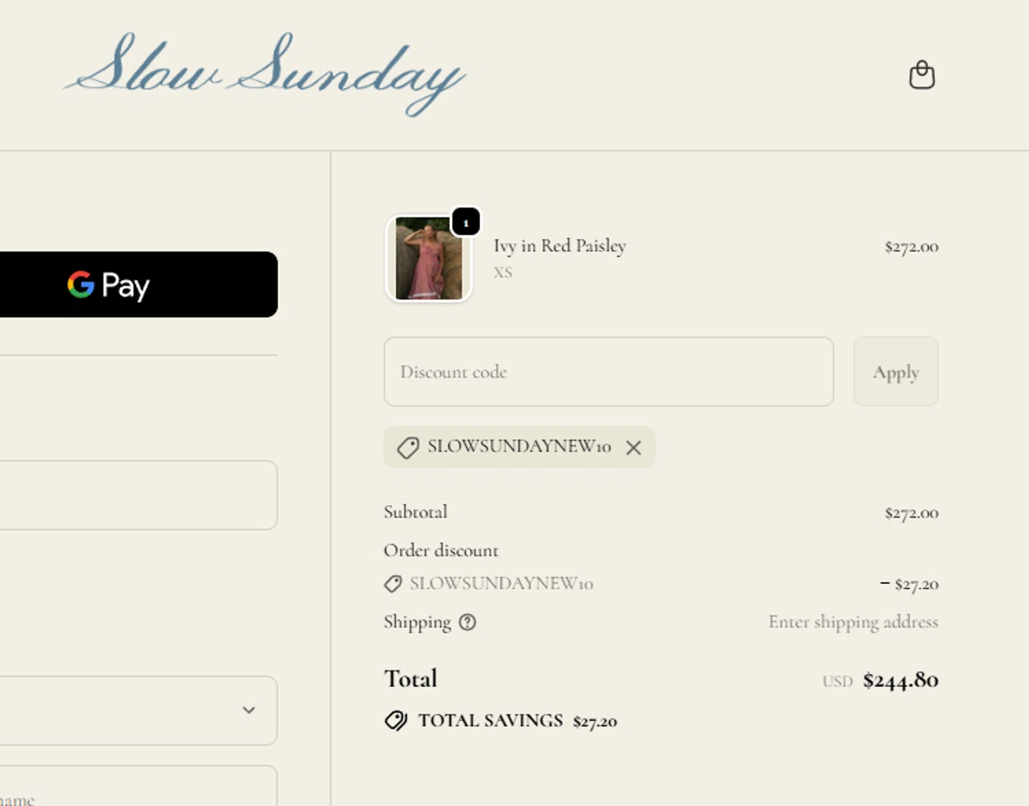 Slow Sunday promo code screenshot showing code SLOWSUNDAYNEW10 applied at Slow Sunday checkout page. Uploaded by SimplyCodes community member salepmigajera on Oct 26, 2025