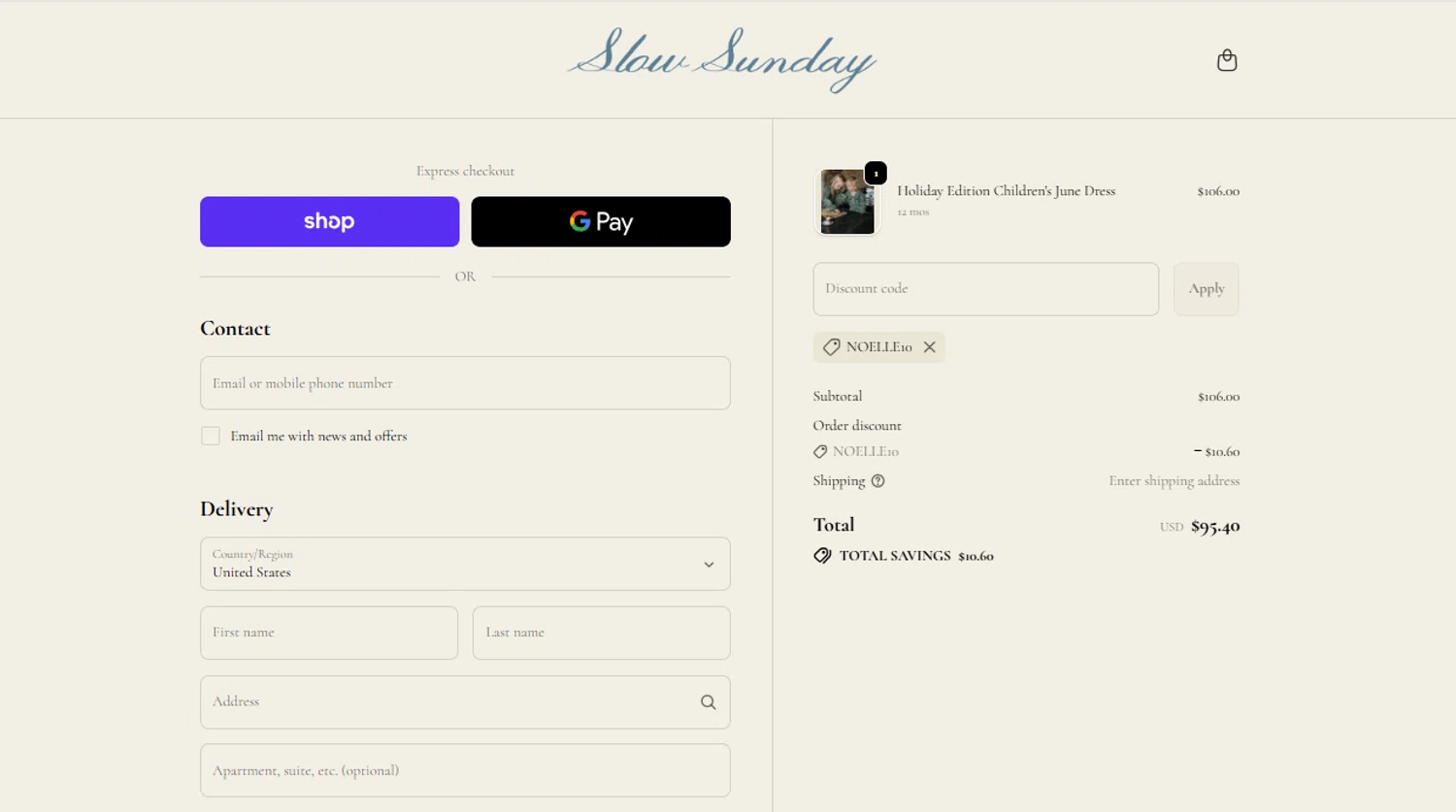 Slow Sunday promo code screenshot showing code noelle10 applied at Slow Sunday checkout page. Uploaded by SimplyCodes community member ylenisjordan on Dec 13, 2025