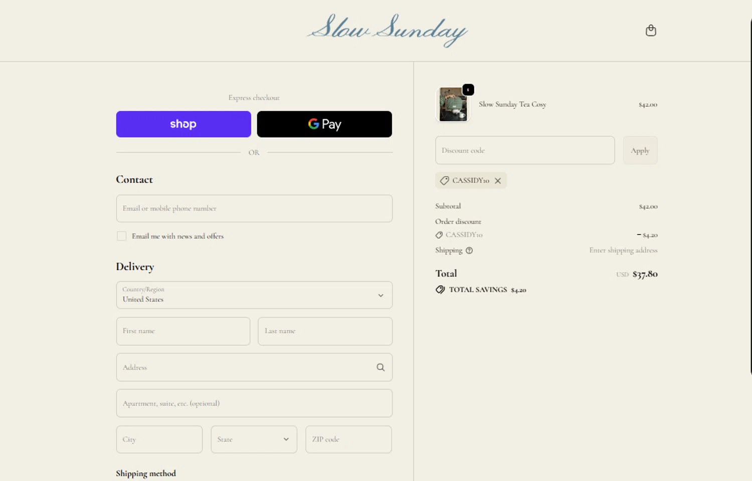 Slow Sunday promo code screenshot showing code CASSIDY10 applied at Slow Sunday checkout page. Uploaded by SimplyCodes community member ylenisjordan on Dec 29, 2025