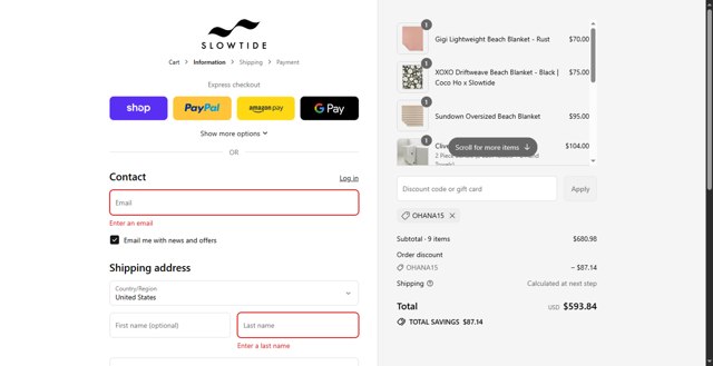 Slowtide checkout page showing Slowtide discount code box | Screenshot taken by SimplyCodes community member on Sep 4, 2025
